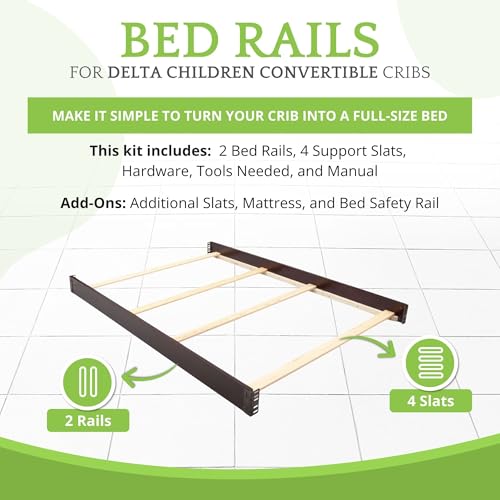Image of Full-Size Conversion Kit Bed Rails Compatible with Delta Children Convertible Cribs - Solid Wood Rail #0050 - Toddler & Adult Bed Rail for Full-Size Beds - Baby Furniture (Textured Stone Grey - 1460)