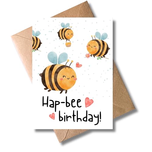 Geburtstag Karte mit Umschlag - Geburtstagskarte “Hap-bee birthday” Bienen Herzen Wortspiel Glückwunschkarte Geschenkkarte zum Geburtstag Geburtstagsgruß (DIN A6)