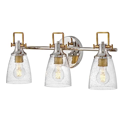 Image of Hinkley Easton Three Light Bath Vanity Fixture, Modern Industrial, Clear Seedy Glass Shade, Mounts Up or Down, Polished Nickel and Heritage Brass