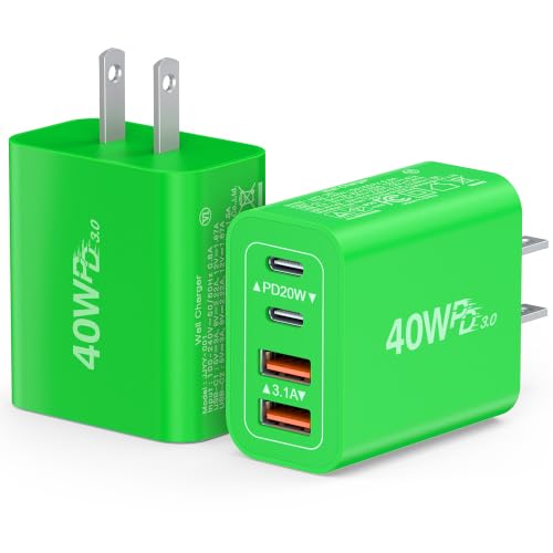 Image of 2 Pack USB C Charger, 40W Fast Charge Cube, 4-Port QC+PD Wall Plug,Multi-Port Type C Power Adapter for iPhone 17 16 15 14 13 12 Pro Max XS XR 8,Galaxy S24,Nexus,HTC,Google Pixel,and More(Green)