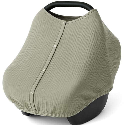 Image of Konssy Car Seat Cover for Baby, Muslin Cotton Button Open Stroller Canopy for Babies Shower Gifts and Registry Search, Breathable Infant Sunshade Cover, Must Have for Unisex Boys and Girls, Fog Green