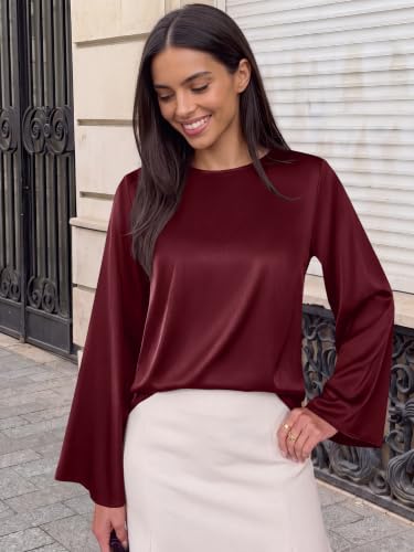 ANRABESS Womens Satin Bell Sleeve Boat Neck Blouse Shirts,Wine Red,M - image 4