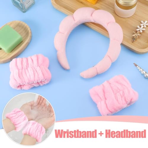 Image of 1Pcs Facial Spa Headband 2Pcs Wristband Combo Set, Pink Makeup Headband and Wrist Washband Set for Face Washing, Skincare, Shower, Makeup Removal