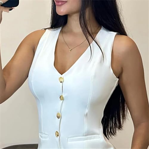 Dbdkejj Women's Summer 2 Piece Set V Neck Sleeveless Button Up Vest Shorts Suit Business Work Outfit4