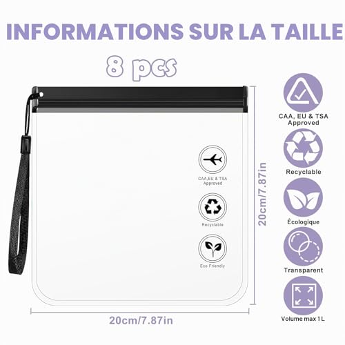 Lot de 8 Pochette Voyage 20 x 20 cm, Étanche et Anti-Fuite Certifié TSA – vue 2