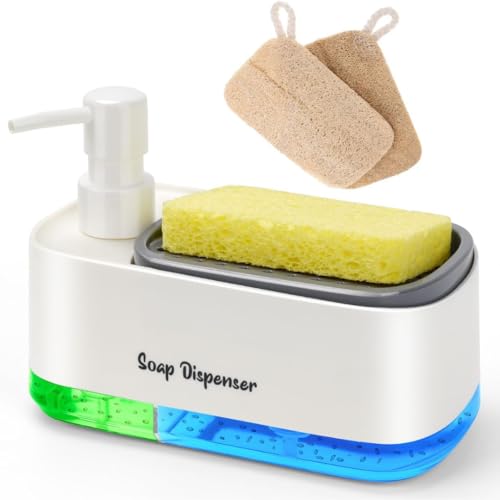 Image of 5-in-1 Kitchen Soap Dispenser Set with Sponge Holder - Dual Hand & Dish Soap Pump Dispenser for Sink Countertop with 2-Packs Natural Loofah Dish Sponge Dishwashing Scrubber,White