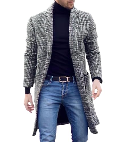 chouyatou Men's Casual Lapel Collar Wool Trench Coat Plaid Single Breasted Wool Blend Pea Coat with Pockets
