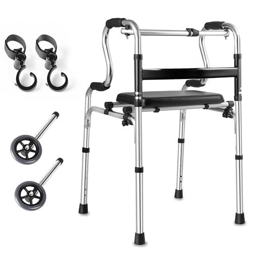 NIdreamCE Déambulateur Pliable, Déambulateur Rollator Pliable Léger,Cadres de Marche pour Personne Âgée aide,Cadre de Marche Réglable en Hauteur,Antidérapant et Stable，Avec Siège Réglable