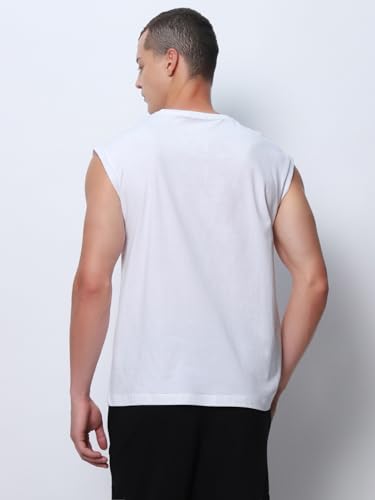 Image of Bewakoof Men's Solid Oversized Fit Sleeveless Round Neck Cotton Jersey Vest