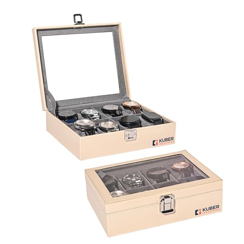 Kuber Industries Pack of 2 Premium Faux Leather See Through 8 Slots Wrist Watch Organiser Box for Men & Women | Watch Storage Box Organizer | Watch Collection Box/Case/Holder | Cream & Grey