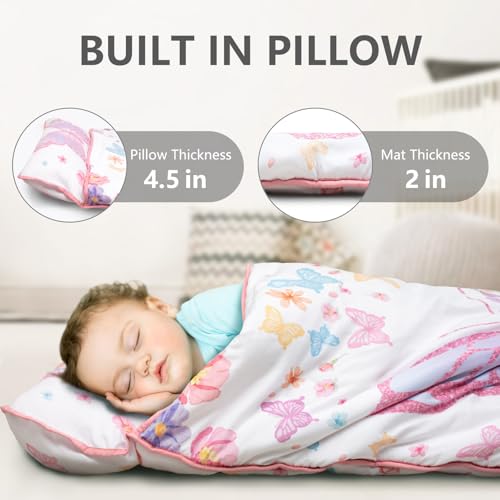 Image of Primlect Thickened Toddler Nap Mat with Removable Pillow and Minky Blanket, Extra Large 55''x35'' Sleeping Bag, Washable, Roll up, Perfect for Daycare, Preschool, Kindergarten, Girls Butterfly
