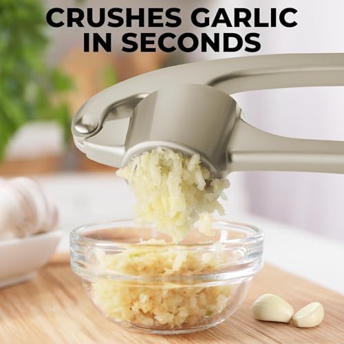 Image of Zulay Kitchen Large Premium Garlic Press Set - Bigger Bowl for Bigger Garlic - Rust Proof Garlic Mincer Tool - Easy-Squeeze, Easy-Clean Silicone Garlic Peeler & Brush (Silver)