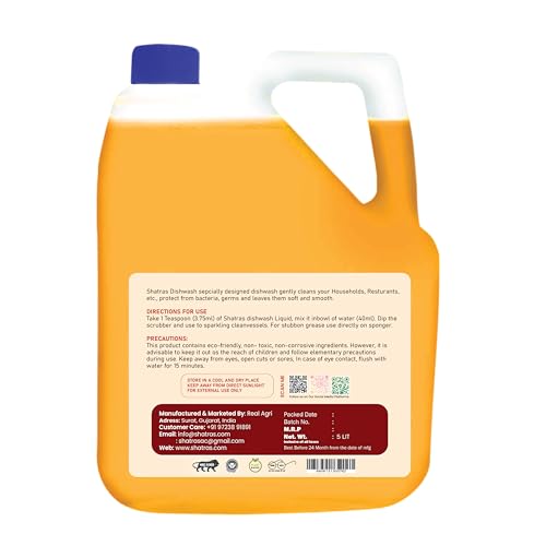 Image of Shatras Dishwashing Liquid, Orange Scent - 5 Liters | Heavy-Duty Grease Fighter | Spot-Free Shine | Glassware Safe