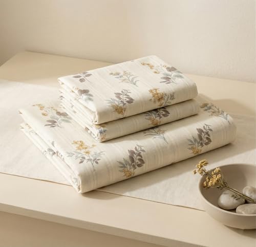 Image of VAS COLLECTIONS King Size Bedsheet Set Cloud Cotton 270x240 cm | Soft Breathable Flat Bed Sheet with 2 Pillow Covers | Floral Printed Bedsheet for King Bed | Durable Bedding Set, Botanical Mustard