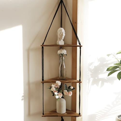 Artilady Macrame Corner Shelf Wall Hanging - 3 Tier Black Floating Shelves Plant Corner Wall Decor, Boho Rustic Wooden Plant Storage Rack for Bedroom Living Room Bathroom