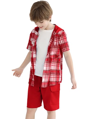 Image of Boys Clothes Shorts Sets Plaid Short Sleeve Hooded Button Shirt and Jogger Shorts for Kids Summer Outfits