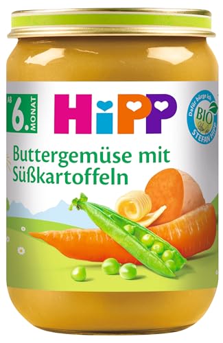 HiPP Bio Buttergemüse mit Süßkartoffeln (6 x 190g), Babygläschen ab 6. Monat, ohne Salzzusatz, mit Omega-3, ideal für den Beikoststart