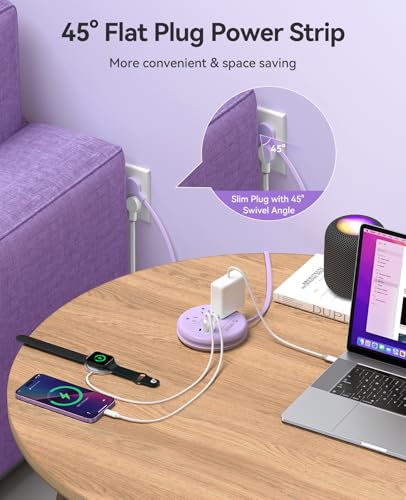 Image of ORICO Power Strip with USB Ports, 4Ft Flat Extension Cord with 3 AC Outlets and 2 USB-A and 1 USB-C Charging Ports, 45 Flat Plug, Non-Surge Protector for Cruise /Home /Office /Dorm Essentials, Purple