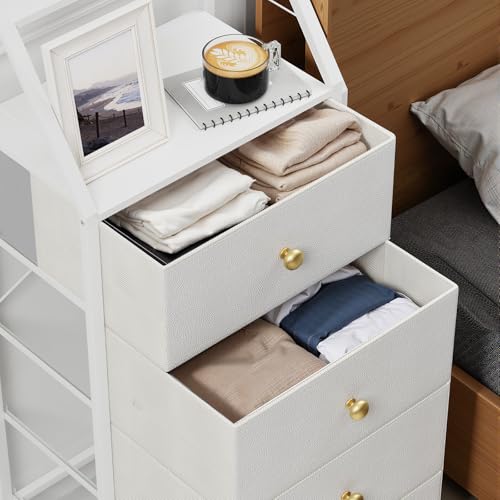 Cómoda alta blanca con espejo ajustable y 4 cajones de tela para dormitorio 6