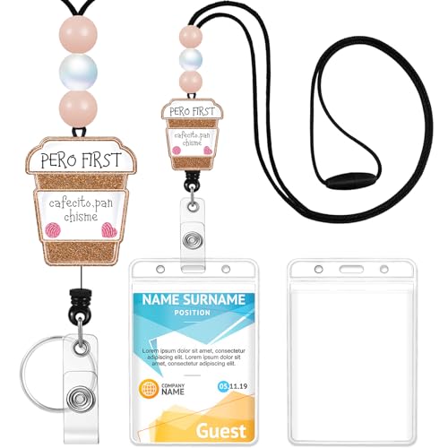 Cordon pour enseignant avec porte-clés rétractable et perles café pour badge