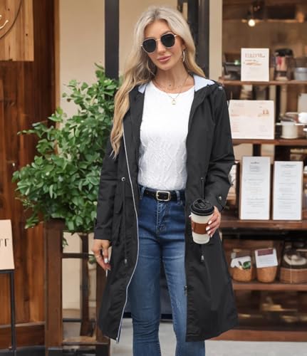 Women Waterproof Lightweight Long Rain Jacket Outdoor Casual Hooded Long Trench Coat4