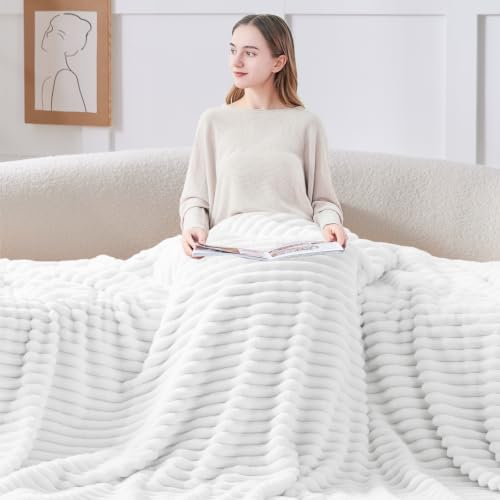 Image of BEDELITE Ribbed Twin Blanket for Couch & Bed, Bright White, 60 inchx80 inch | Ultra-Soft Plush Fleece, Cozy, Warm Yet Lightweight, Ribbed Texture, Home Decor, Machine Washable, Giftable, All-Season Use