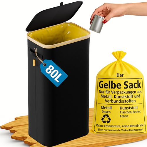 Gelber Sack Ständer 80L Müllsackständer für Gelbe Säcke 62×90 cm stabiler Gelber Sack Halter mit fixierendem Metallring Rückseiten-Reißverschluss faltbarer Müllsackhalter mit Bambusrahmen