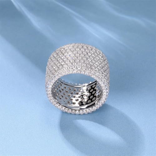 18K White Gold Plated Iced Out Engagement Promise Wedding Eternity Ring for Women Men, Sparkling Cubic Zirconia Round Rings 15mm Width Size 5-103