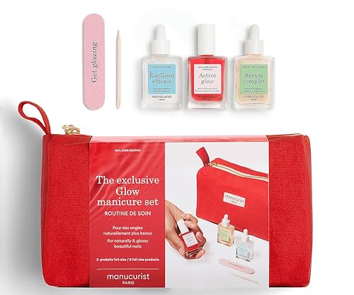 Manucurist Ultimate Glow Manicure Set - As Seen on QVC - Nail Care Routine in Red Pouch: Active Glow Raspberry Complete Serum Cuticle Softener 3 Boxwood Sticks & Mini Nail File - Travel Essentials