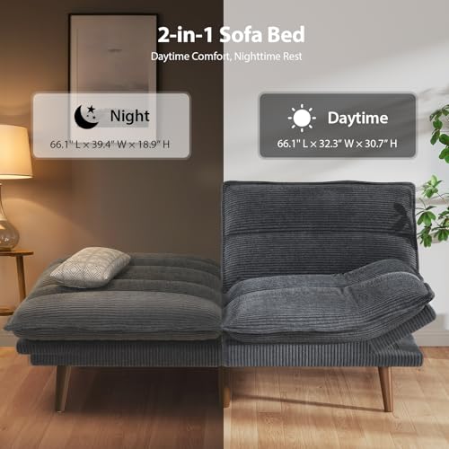 Image of Amada 66 inch Convertible Futon Sofa Bed, Corduroy Loveseat Sleeper Couch with Adjustable Backrest & Armrests, Memory Foam Folding Recliner for Living Room, Apartment, Office, Asphalt Grey