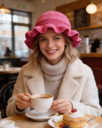 Image of Women Crochet Bucket Hat Cute Winter Ruffled Brim Floppy Cap Handmade Knit Cloche Hats