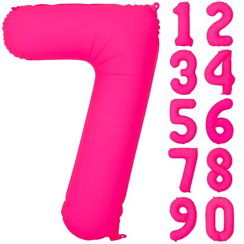 Globos de cumpleaños rosa fluorescente de 40 pulgadas, número 7 rosa fluorescente número 7, globos de aluminio de helio, decoraciones para cumpleaños de niños y niñas, bodas y fiestas nocturnas de