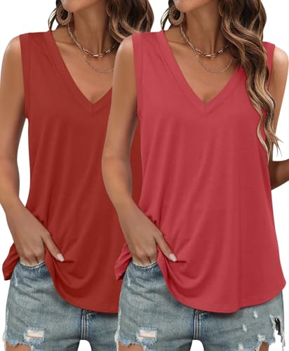 KKJ 2 Pack Womens Tank Tops Workout V Neck Tees Summer Sleeveless Loose Fit Casual Outfits Shirts Fall Fashion Clothes