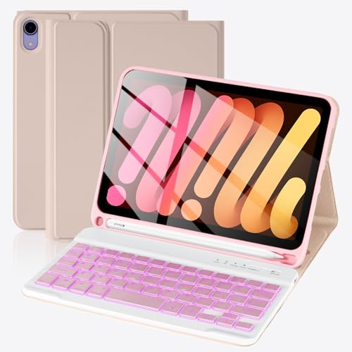 Image of SOPPY for iPad mini 7 Keyboard Case A17 Pro 2024 /iPad Mini 6 Generation Case with Keyboard 2021 8.3 Inch, 7 Color Backlit Detachable Keyboard Cover for iPad mini 7th /6th Gen, US Layout, Pink