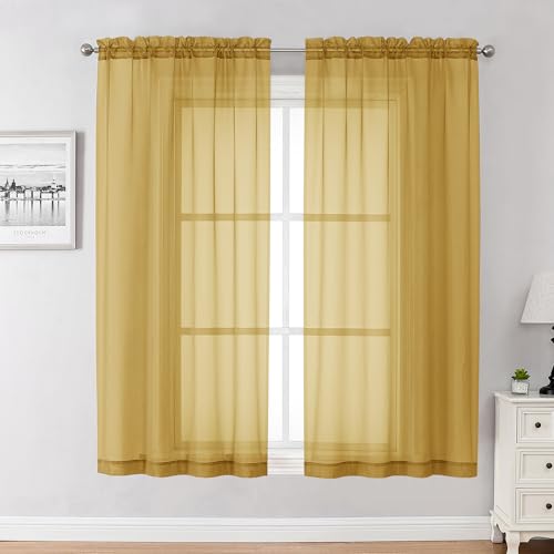Image of Chyhomenyc Gold Sheer Curtains 63 Inch Length 2 Panels, Rod Pocket Solid Window Sheer Curtain Panels, Elegant Curtains & Drapes for Living Room Bedroom 2 Panels (Gold, 42 W x 63 L)