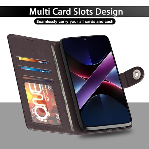 Image of Pikkme Flip Cover Leather Finish | Inside TPU with Card Pockets | Wallet Stand and Shock Proof | Complete Protection Button Flip Case for Poco X7 Pro 5G(Coffee)