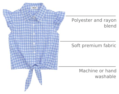 Image of Girls Sleeveless Plaid Button Down Shirt Summer Crop Tops Tie Knot Ruffle Sleeve Shirt Blouse 3-12Y