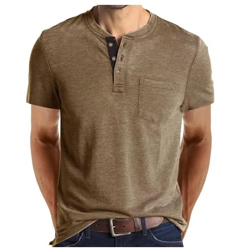 Camisetas masculinas casuais de algodão Henley de manga curta e botões respiráveis com bolso para uso diário, Caqui, G