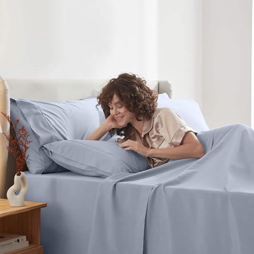 Image of Nestl Extra Deep Twin Sheet Set - 4 Piece Breathable & Cooling Sheets - Hotel Luxury Bedding Set w /18-24 Inch Deep Pockets - Easy & Secure Fit - Super Soft, Wrinkle Free & Comfy - Ice Blue