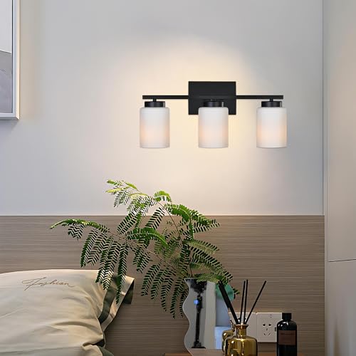 Image of Black Bathroom Vanity Light,3-Light Modern Wall Sconce Lighting with Milky White Frosted Glass Shades Bath Vintage Wall Mounted Lamps for Mirror, Living Room