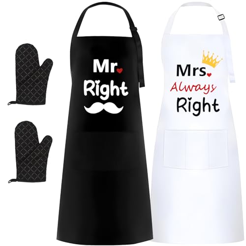 SIMSPEAR Delantal Cocina para Pareja, 2 Piezas Delantal Impermeable Blanco Negro con Guantes Silicona Aislamiento Térmico y Correas Ajustables, Regalos para San Valentín, Compromiso, Boda, Navidad