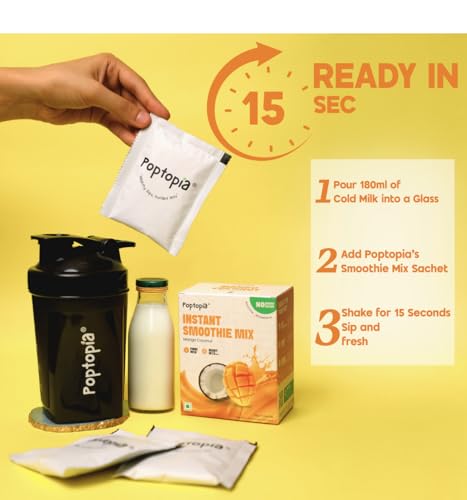 Image of Poptopia Mango Coconut Smoothie Mix | Smoothie CHAMP | No Added Preservatives or Colors | A Quick, Nutritious, and Delicious drink | All Natural, 0% Sugar | Pack of 5 = 125gms = ~1Litre Fresh Smoothie | Ready in 15 seconds | 100% Vegan & Gluten free