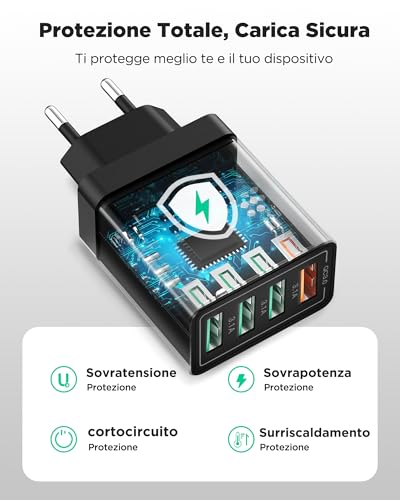 Caricatore Usb,4Porto Presa Usb 40W QC3.0 Alimentatore Usb Caricabatterie Cellulare Rapido Caricatore Multiplo Per Iphone Serie 6-17,Ipad,Spinotto Muro Adattatore Carica Samsung Veloce 3.1A Spina Usba - 4