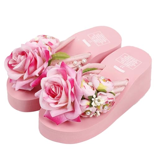 Loizziuy Pink Floral Slippers Summer Women's Sandals Elevated Heels Thick-Soled Platform Handcrafted Flower Decor for The Beach