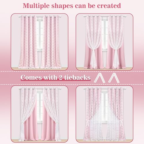 Image of Yinhua Pink Curtains for Girls Room Double Layer Blackout Curtains for Bedroom 96 Inches Long Nursery Curtain for Living Room, Grommet Drapes with Tiebacks, 52 inch W x 96 inch L