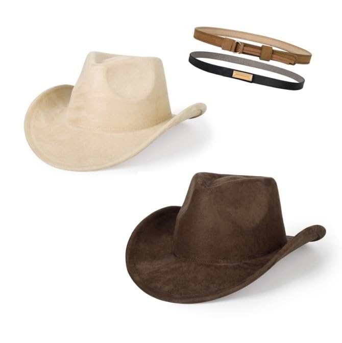Image of 2 Pack Western Cowboy Hats for Women Men 2 Different hat Bands | Classic Felt Wide Brim Costume Cow Boy Hat Curved Brim Cowgirl Hat