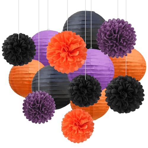 Image of 18 PCS Black Orange Purple Paper Lanterns & Tissue Paper Pom Poms for Halloween Birthday, Wedding, Hanging Paper Party Decoration Set for Indoor Outdoor Fall Celebration