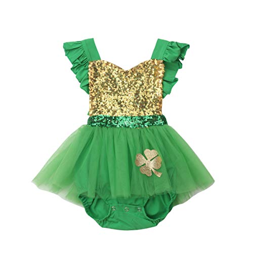 Infant Baby Girls St. Patrick´s Day Sleeveless Backless Sequins Ruffle Romper Dress Clover Tutu Skirt Sunsuit (Green, 12-18 Months)