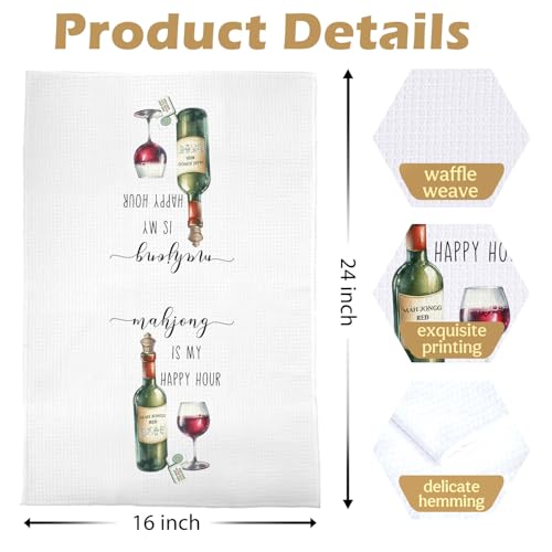Image of Mahjong Wine Kitchen Towel - Mahjong is My Happy Hour Decorative Waffle Dish Towels, Mah Jong Gifts Hand Bar Towels, Tea Towel for Wine Lovers, 16x24 Inch