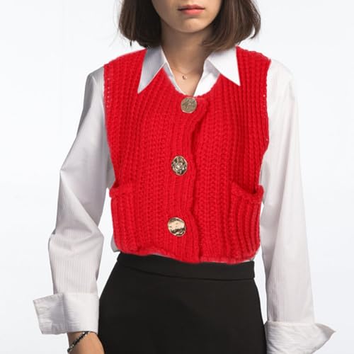 Chaleco de punto grueso rojo transpirable de crochet con botones 6